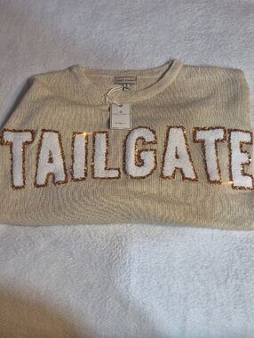 Simply Southern Cream Crewneck Sweater with Gold Sequin Trim